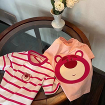 Girls pure cotton summer wears new striped strawberry bear embroidered short sleeved baby half sleeve child summer coat T-shirt tide