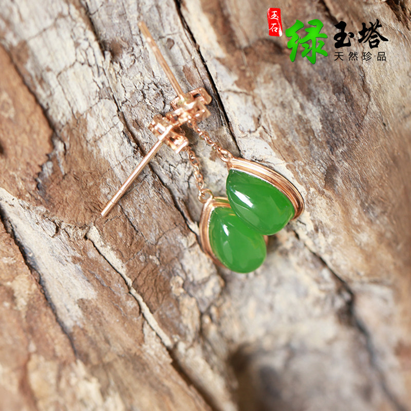 And Tian jade earrings 18K gold bi jade apple cider green natural earbuke and field Bite jade earnchpin jade earring