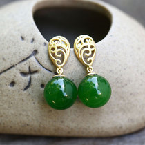18K gold inlay and field jade Russian-made spinach green hollowed-out design earrings earrings