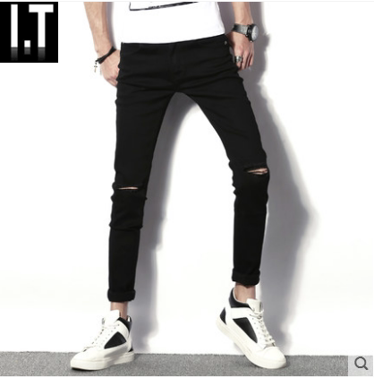 Hong Kong Chaobou 2021 Men's Hole Jeans Han Version of 90% Pants Elastic Narrow Leggings Pants Youth Long Pants
