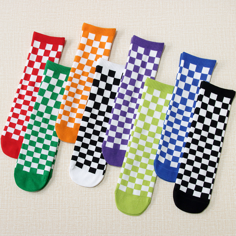 Children's Parent-Child Socks, Black and White Checkerboard Pattern, Pure Cotton, No Heel, Trendy Korean Style, Versatile Sports Long Socks, Unisex Mid-Calf
