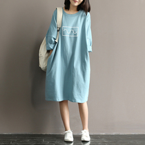 Pregnant women Spring 2021 new literary loose cotton print long size seven-point sleeve hipster dress
