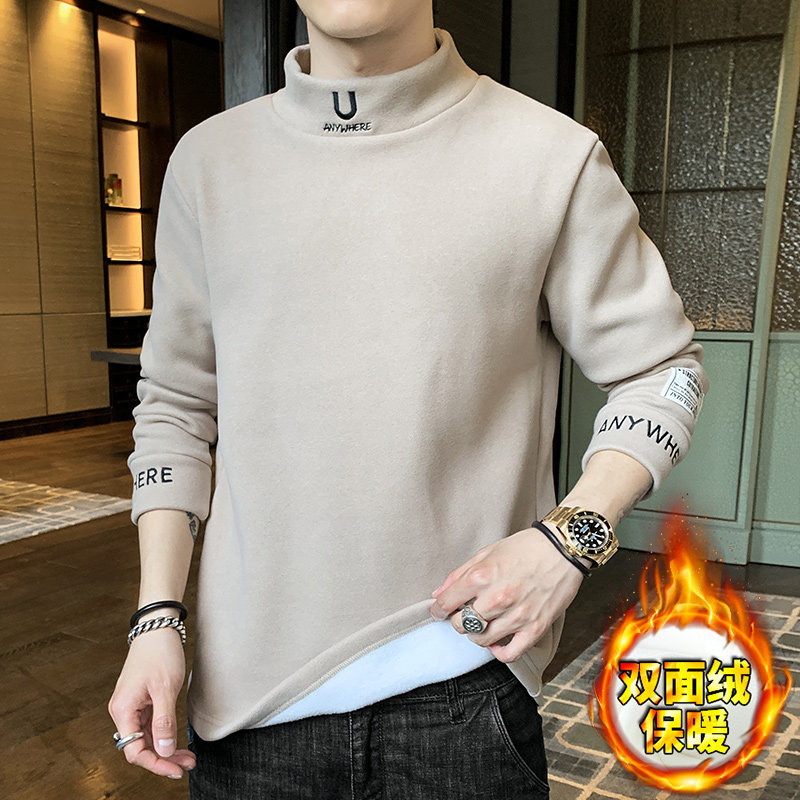 Half-height neck leggings men's winter double-sided velvet long sleeves T-shirt autumn and winter plus fleece warmth plus thick sweat clothes tide
