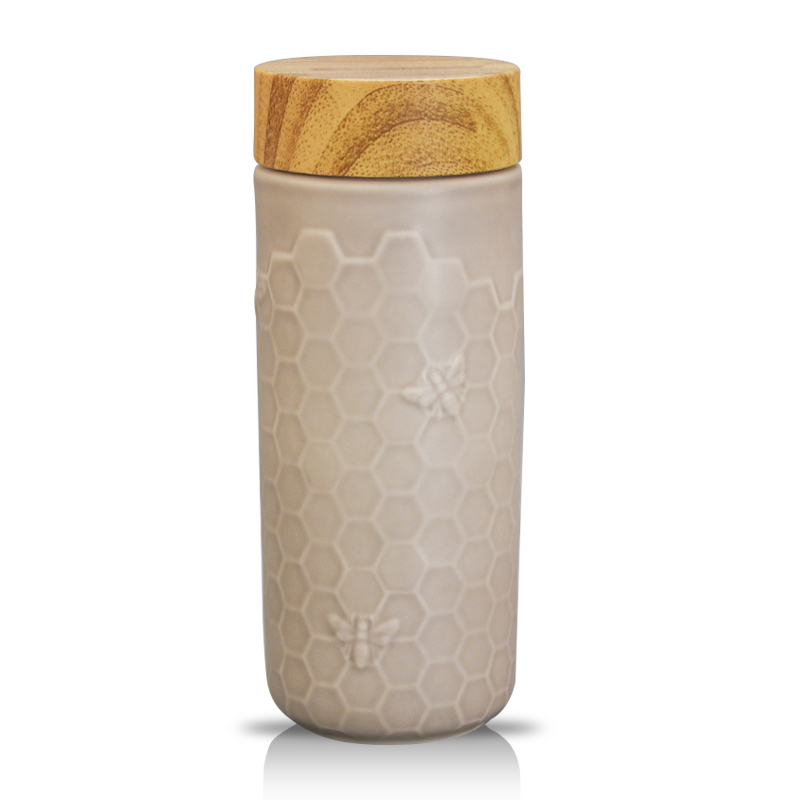 Do Tang Xuan porcelain cup harvest cup with wood grain cover double portable ceramic water cup fashion bees men and women