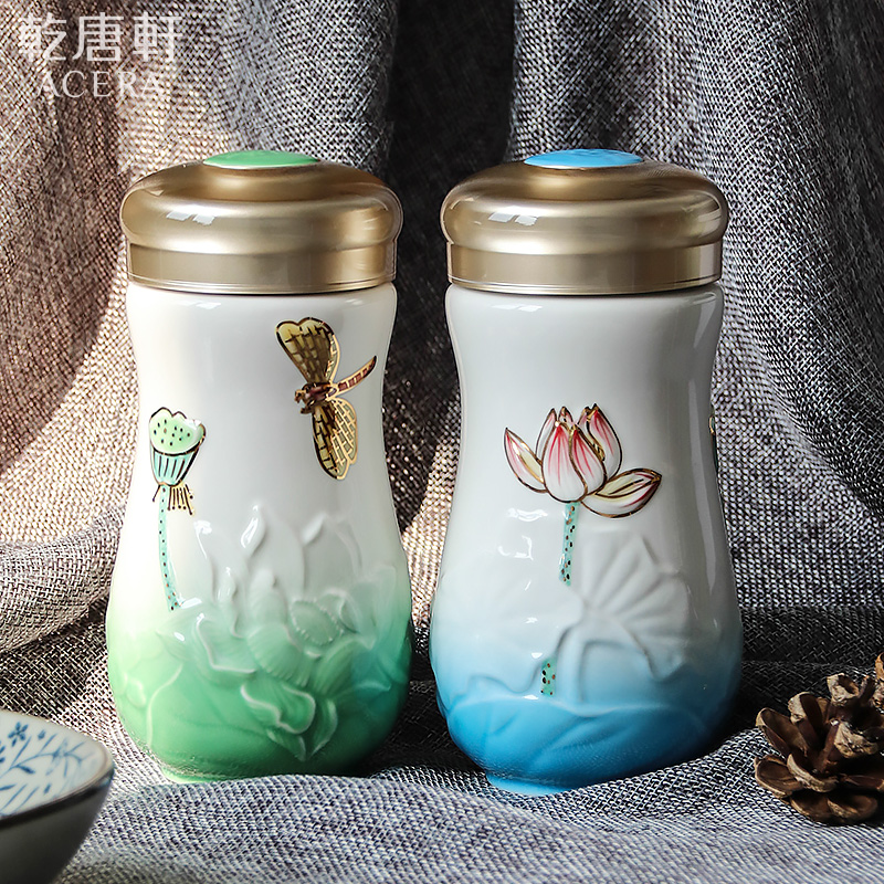 Do Tang Xuan porcelain cup gold coloured drawing or pattern small dragonfly summer lotus cup with single ceramic portable water 400 ml cups