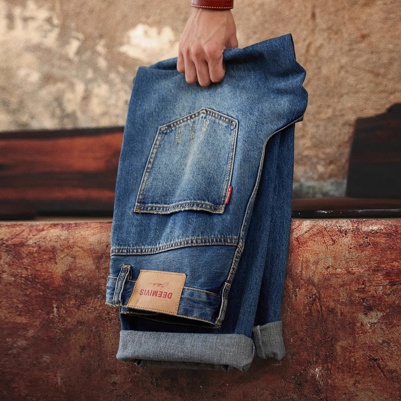 Plus-Size Workwear American Casual Washed Denim Jeans for Men, Autumn and Winter Vintage Faded Denim Pure Cotton Straight-Leg Pants for Men