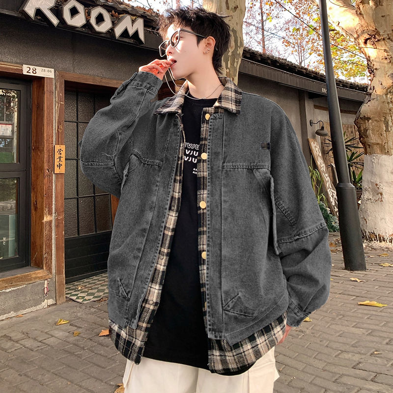 Large Size Japanese Retro Lapel Fake Two-Piece Plaid Denim Jacket for Men, Autumn American Style Trendy Brand, Cool and Loose Coat