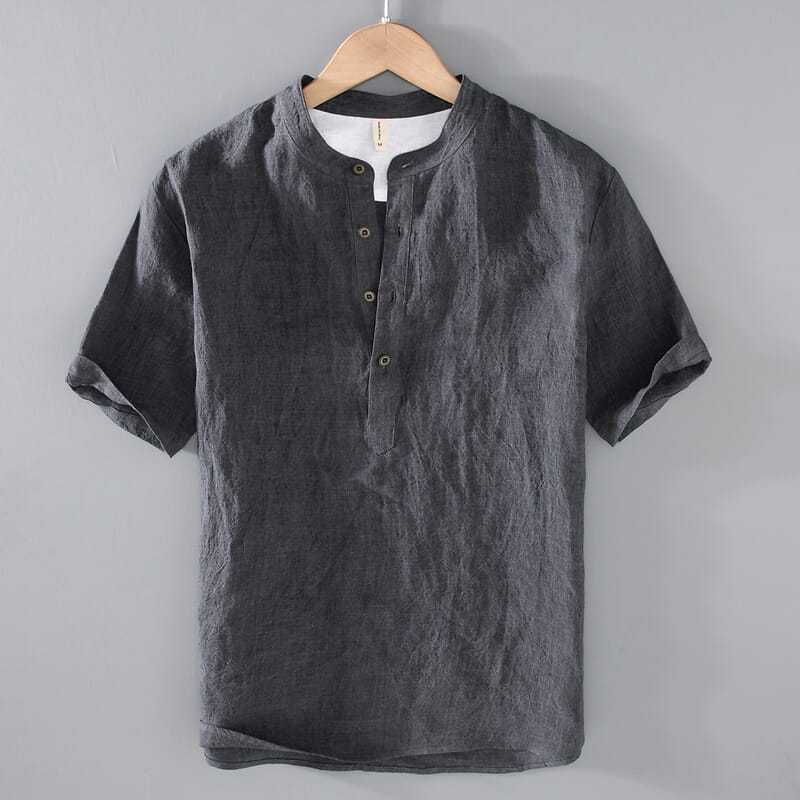 Extra Large Size 150kg Retro Linen Short-Sleeved T-Shirt for Men, Summer Thin Loose Cotton-Linen Stand-Up Collar Casual Half-Sleeve Top