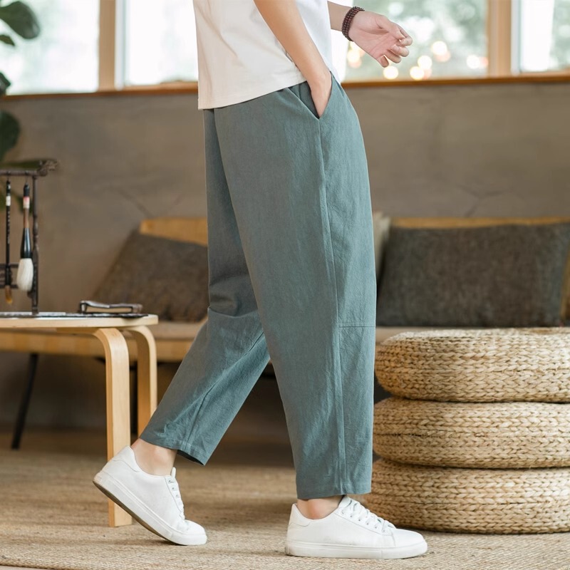Large Size Chinese Style Linen Men's Pants, Loose Casual Pants, Summer Thin Straight-Leg Long Pants, Cotton-Linen Wide-Leg Harem Pants
