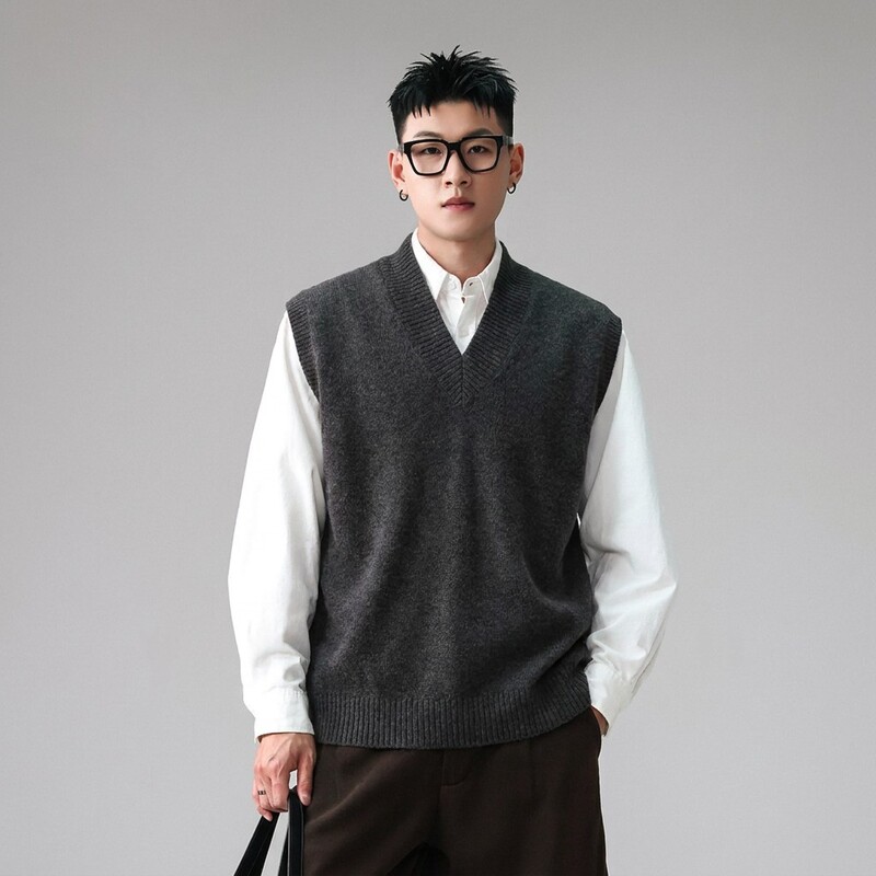 Plus Size 150kg Fashionable Men's Knitted Cardigan Jacket V-Neck Vest Autumn and Winter Solid Color Warm Layered Sweater Vest
