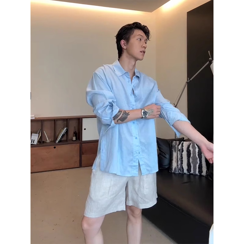Plus Size 150kg Lazy Style Relaxed Loose Shirt Men's Summer Sky Blue Long-Sleeved Tencel Linen Shirt2 Plus Size 150kg Lazy Style Relaxed Loose Shirt Men's Summer Sky Blue Long-Sleeved Tencel Linen Shirt2