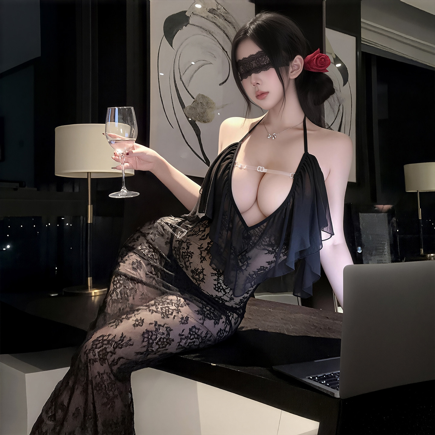 Chemise de nuit sensuelle en dentelle transparente