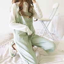 Japanese small fresh soft girl cartoon embroidery loose corduroy casual versatile trousers Wide leg bib pants womens spring and summer