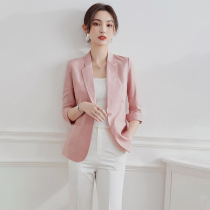 Pink linen blazer womens summer thin slim fit high-end three-quarter sleeve cotton and linen short casual suit top