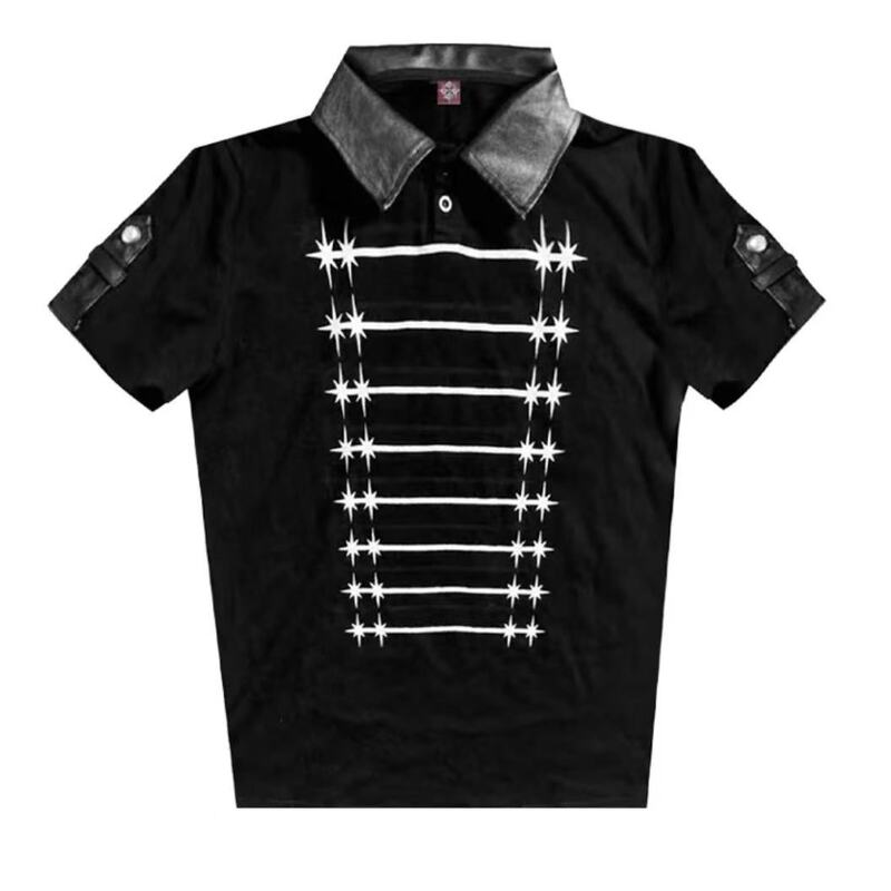Detw "Knight" Series Leather Collar Metallic Glitter Cross Palace Print Slim Fit Regular Shoulder Slimming Polo Shirt