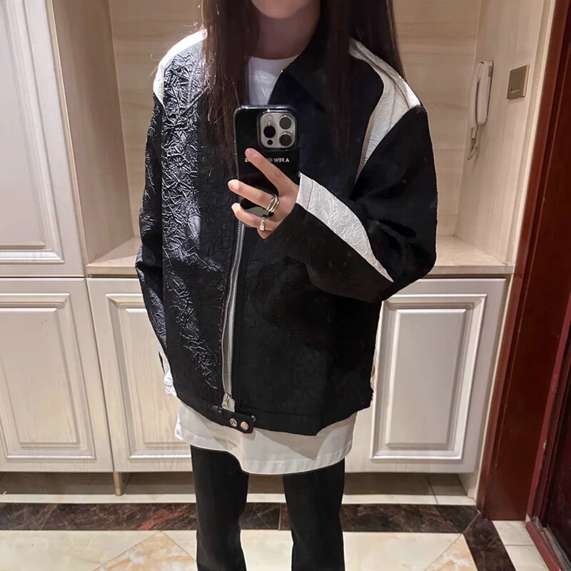 American Retro Design Men's and Women's Casual Cleanfit Spring & Fall Black and White Pleated Splicing Nylon Shoulder Pad Jacket