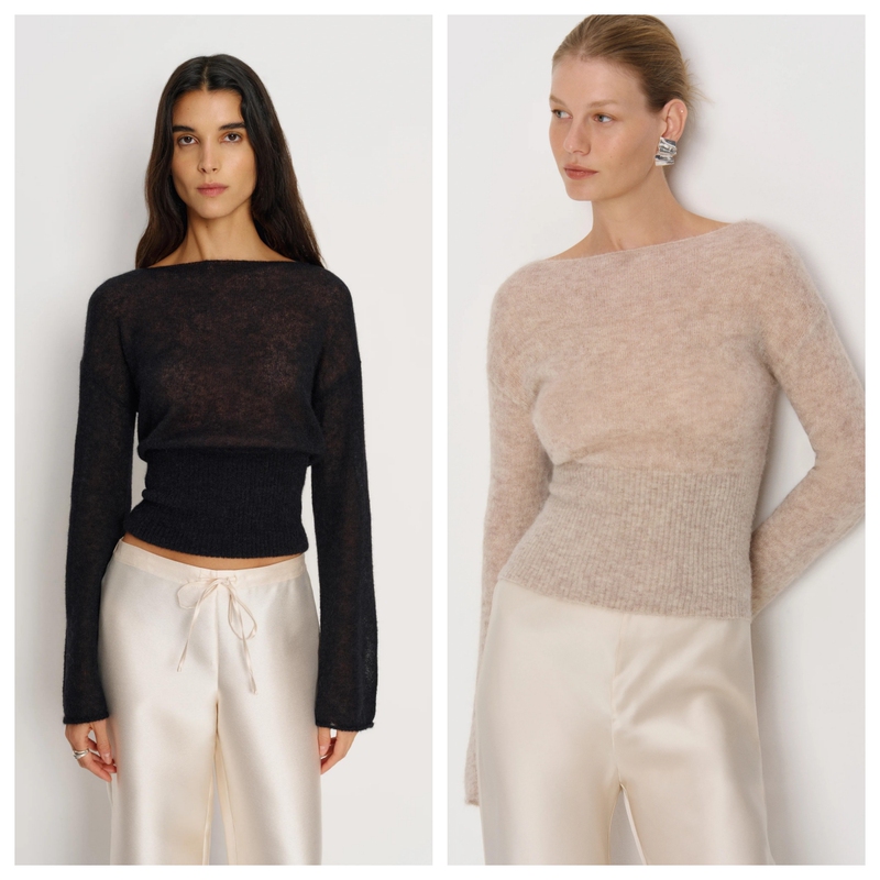 Ref Original Factory Plus~ Soft to the Bone! Thin Paper-Like Baby Alpaca Wool Waist-Cinching Knit Top with a One-Line Neckline for a Dreamy Vibe