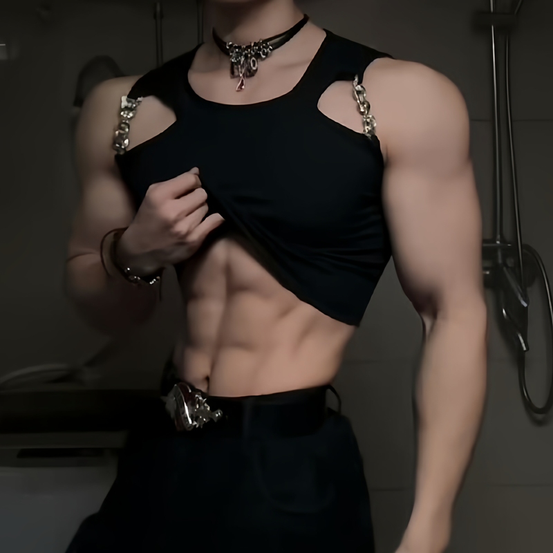 Hip-Hop American-Style Sleeveless Hollow-Out Vest Short Men's Muscle Fitness Tight-Fitting T-Shirt Men's Base Layer Shirt for Streamers and Dancing