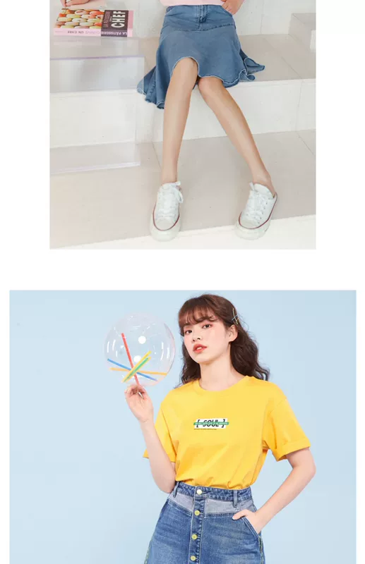 Áo thun nữ dáng liền màu hè 2019 phiên bản mới của Hàn Quốc áo cotton ngắn tay ngắn cổ tròn in họa tiết bên trong - Áo phông