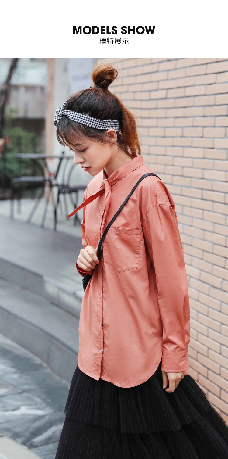 Áo sơ mi tay dài phong cách Hồng Kông nữ 2019 mùa thu mới phiên bản Hàn Quốc của áo sơ mi cổ trụ màu rộng lỏng lẻo - Áo sơ mi dài tay kiểu áo sơ mi nữ đẹp