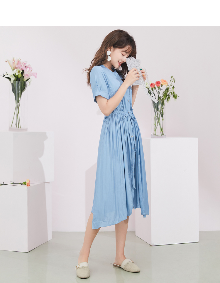 Đầm liền thân nữ màu sắc 2019 hè mới Hàn Quốc của cà vạt thun eo cao với chân váy gỗ dài - Váy eo cao 	váy sơ mi rút eo	