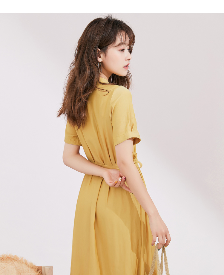 Đầm liền thân nữ màu sắc 2019 hè mới Hàn Quốc của cà vạt thun eo cao với chân váy gỗ dài - Váy eo cao 	váy sơ mi rút eo	