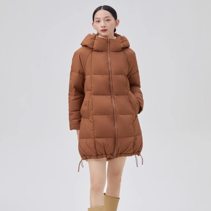 Ailei Women's Mid-Length down Jacket with Hood, Long Sleeves, A-Style, Age-Reducing, Fashionable Fabric, Comfortable, Tag Price 1297 Yuan