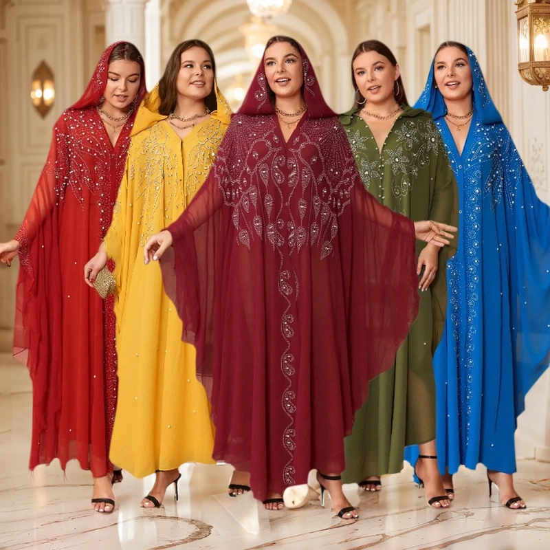 African Hot-Selling Rhinestone Beaded Hooded Shawl Cape Dress Beaded Abaya Robe African Hot-Selling Rhinestone Beaded Hooded Shawl Cape Dress Beaded Abaya Robe
