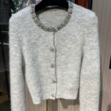 Свитер, дизайнерский трикотажный кардиган, изысканный стиль, круглый воротник, в стиле Шанель