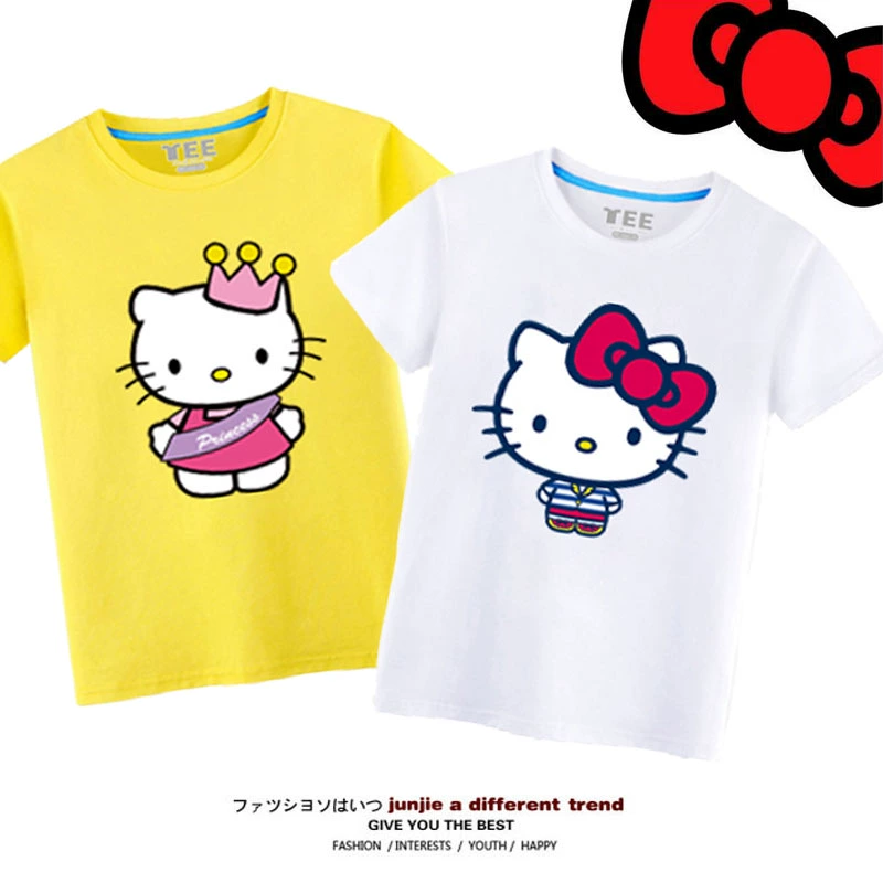 Áo thun cotton bé gái Hello Kitty ngắn tay mùa hè 2020 trẻ lớn mới cởi quần áo Hello Kitty trẻ em - Áo thun