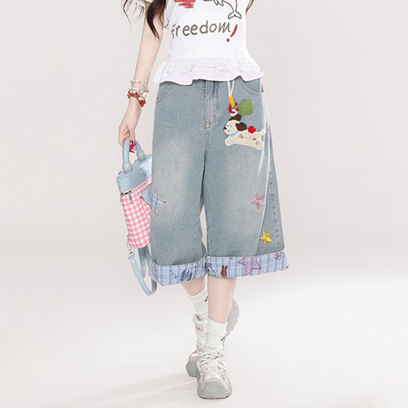 Plus-Size Women's Clothing, American Retro Heavy Embroidery Denim Capri Pants, Versatile Street Style Wide-Leg Shorts for Women, Trendy