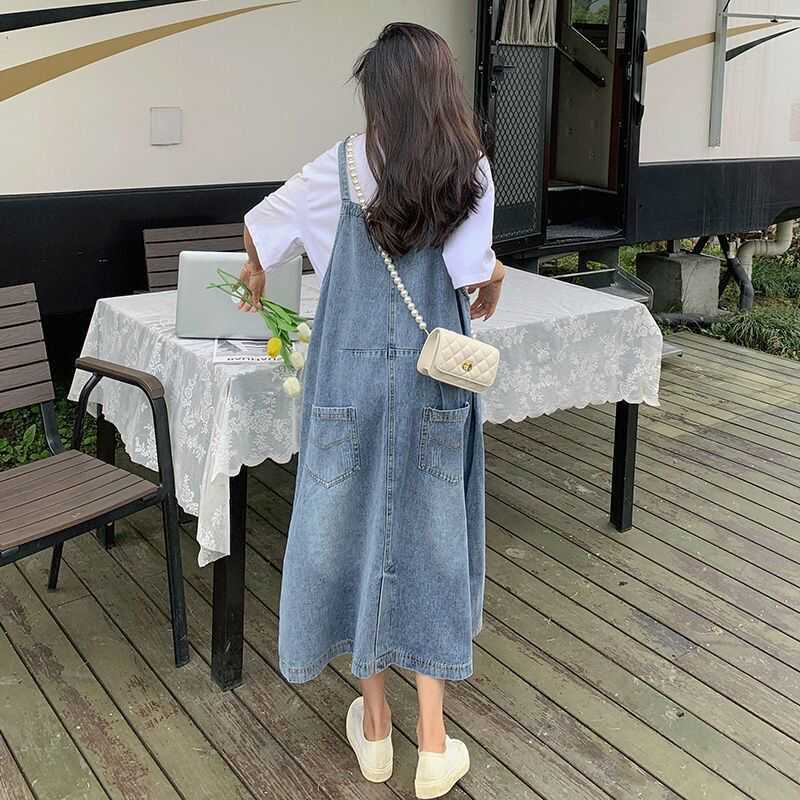 1.0-150kg Plus Size Summer Denim Suspender Dress for Women, Korean Style, Loose and Slimming, Trendy Suspender Dress