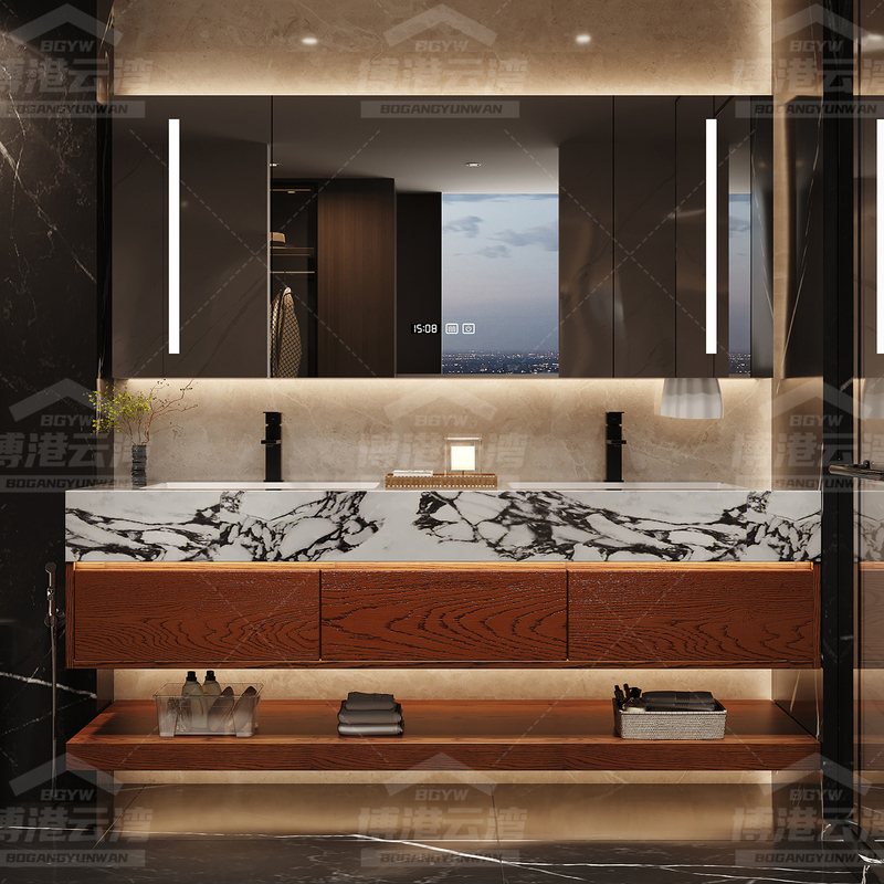 Red Oak Light Luxury Style Bathroom Cabinet Set with Bulgari Stone Hot-Bent Seamless Basin Bathroom Sink Vanity Red Oak Light Luxury Style Bathroom Cabinet Set with Bulgari Stone Hot-Bent Seamless Basin Bathroom Sink Vanity