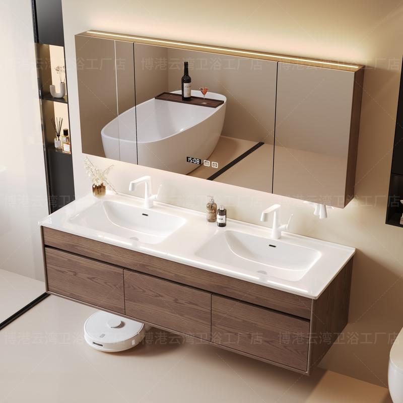 Medieval-Style Red Oak Lacquered Bathroom Cabinet with Sink, Rock Slab Hot-Bent Integrated Ceramic Double Washbasin Cabinet Set Medieval-Style Red Oak Lacquered Bathroom Cabinet with Sink, Rock Slab Hot-Bent Integrated Ceramic Double Washbasin Cabinet Set