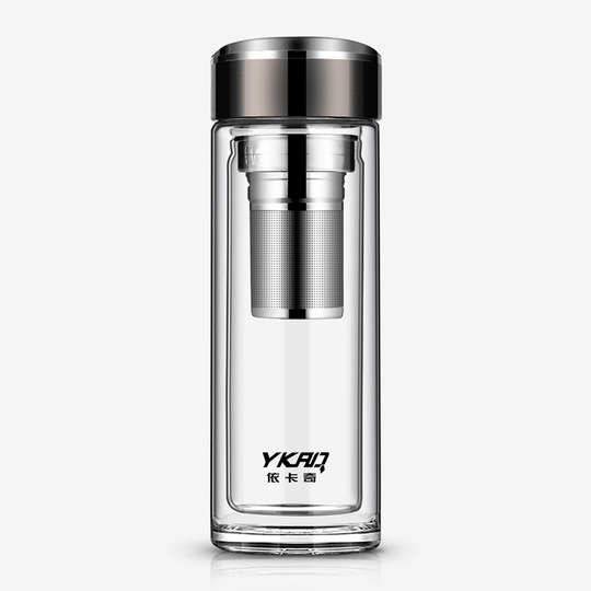 Double-Layer Insulated Glass Cup for Men, Black Tea Office Cup, Driver's Car Water Cup, Portable Tea and Water Separation Tea Cup