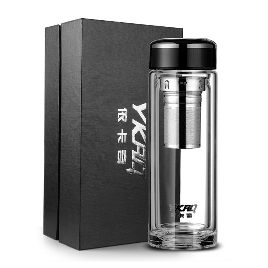 Double-Layer Insulated Glass Cup for Men, Black Tea Office Cup, Driver's Car Water Cup, Portable Tea and Water Separation Tea Cup