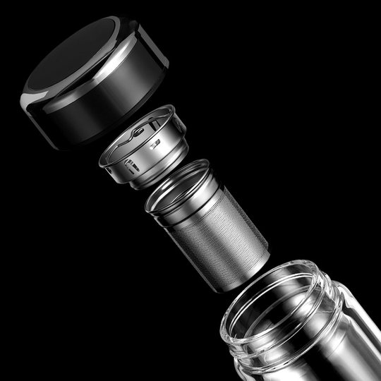 Double-Layer Insulated Glass Cup for Men, Black Tea Office Cup, Driver's Car Water Cup, Portable Tea and Water Separation Tea Cup