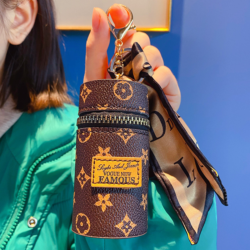 Leather Keychain with Scarf, Bucket Bag, Lipstick Storage, Cartoon, Exquisite, Cute Coin Purse, Key Chain Bag Pendant