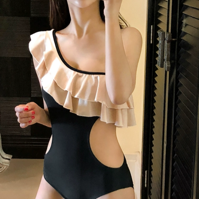 Hàn Quốc đặt hàng cổ phiếu tóc thẳng UPTOWN màu đen một bên vai nhỏ gợn sóng bộ bikini áo tắm đề xuất - Bikinis