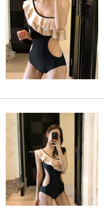 Hàn Quốc đặt hàng cổ phiếu tóc thẳng UPTOWN màu đen một bên vai nhỏ gợn sóng bộ bikini áo tắm đề xuất - Bikinis