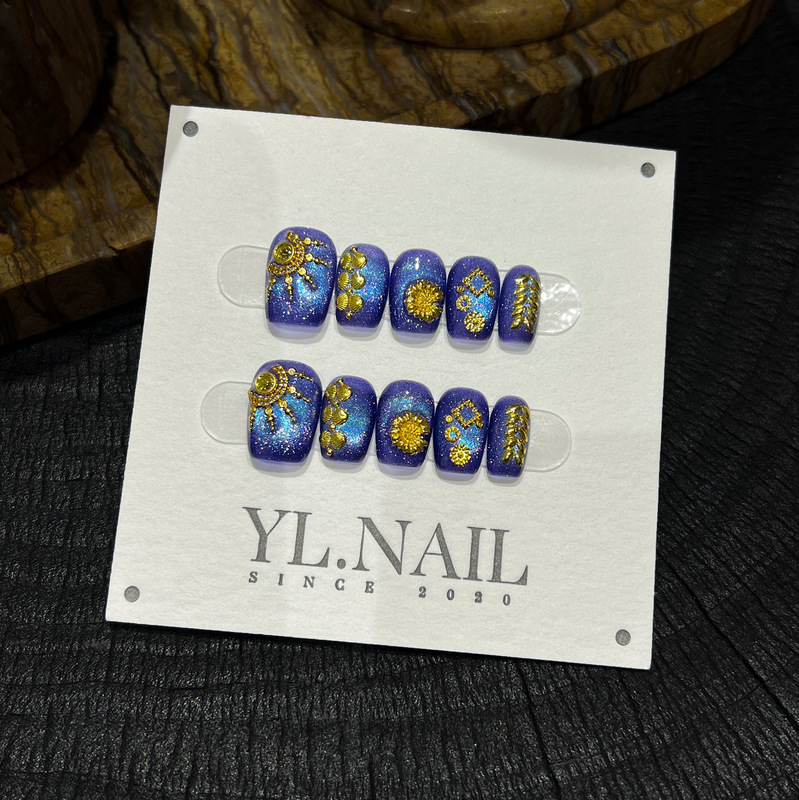 【Yl.Nail Sun God Golden Wheel】Handmade Nail Tips ins Unique Blue-Purple Cat Eye Whitening Accessories Wearable Nails 【Yl.Nail Sun God Golden Wheel】Handmade Nail Tips ins Unique Blue-Purple Cat Eye Whitening Accessories Wearable Nails