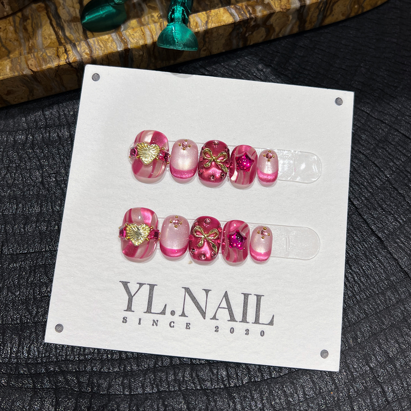 【Yl.Nail Strawberry Lollipop 2.0】Handmade Nail Tips ins Unique Pink Cat Eye Ribbon Rhinestone Wearable Nails 【Yl.Nail Strawberry Lollipop 2.0】Handmade Nail Tips ins Unique Pink Cat Eye Ribbon Rhinestone Wearable Nails
