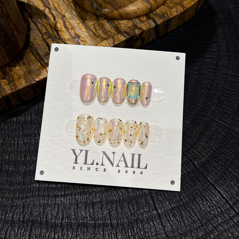 【Yl.Nail Dawn and Dusk Line】Handmade Nail Tips ins Unique Ab Aurora Shell Gold Foil Nail Art Wearable Nails