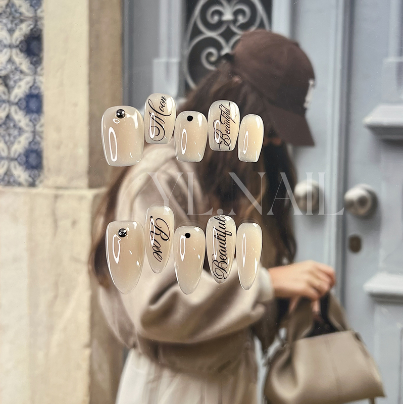 【Yl.Nail Milk Glass-Letter】Handmade Nail Tips ins Unique Semi-Transparent Constructed Simple Wearable Nails