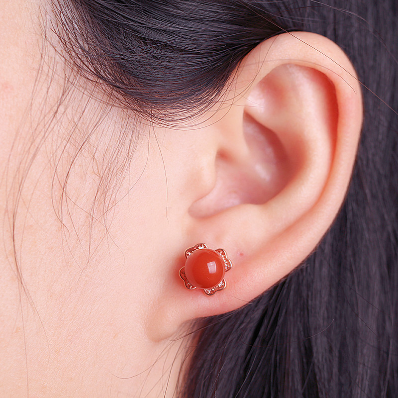 New natural southern red agate ear needle female s925 silver rose gold four-leaf clover red temperament earrings birthday gift