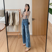 Big Ding homemade foot opening split minority design sense high waist loose wool edge denim strap pants big pocket wide leg pants