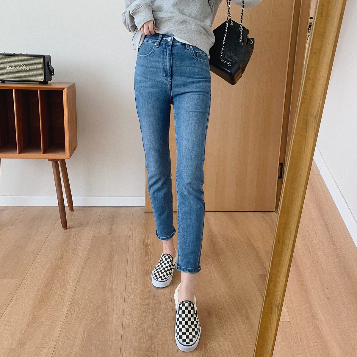 Big Ding homemade double-strand yarn cotton high waist elastic small straight jeans women autumn thin ankle-length pants