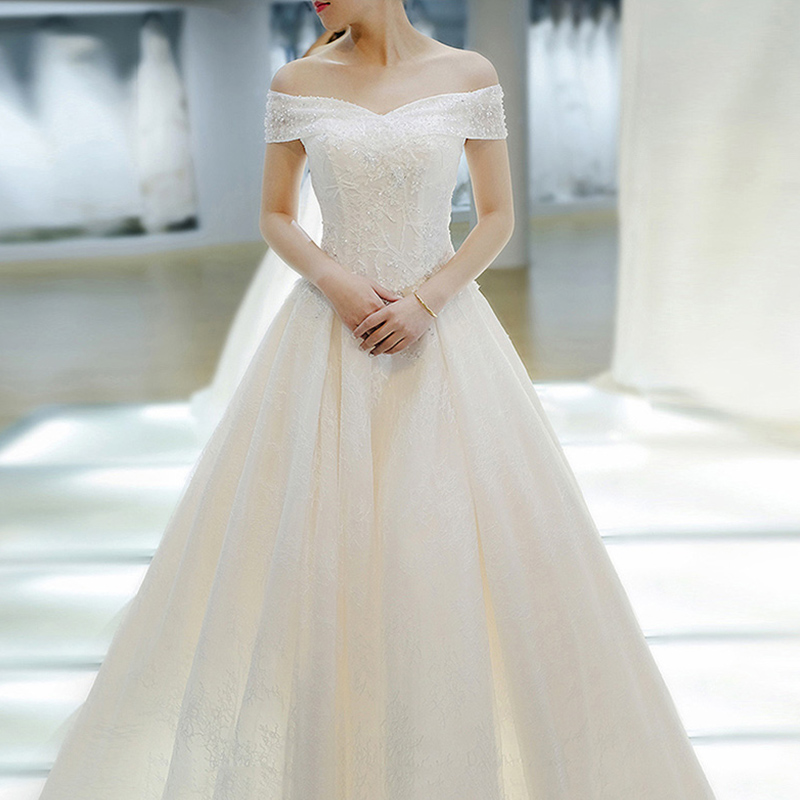 Main wedding dress 2022 new bridal small man one-line shoulder drag tail simple flush French light plus size high-waist pregnant women