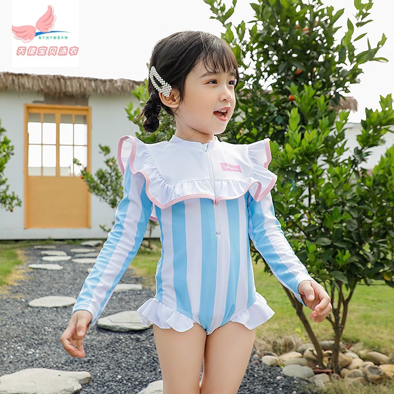 Girls' swimsuit striped long-sleeved sun protection fashionable student cute quick-drying baby girl internet celebrity children's girl swimsuit