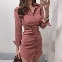 Buttock dress womens spring 2020 new Hepburn fold waist tight-fitting shirt collar inner skirt